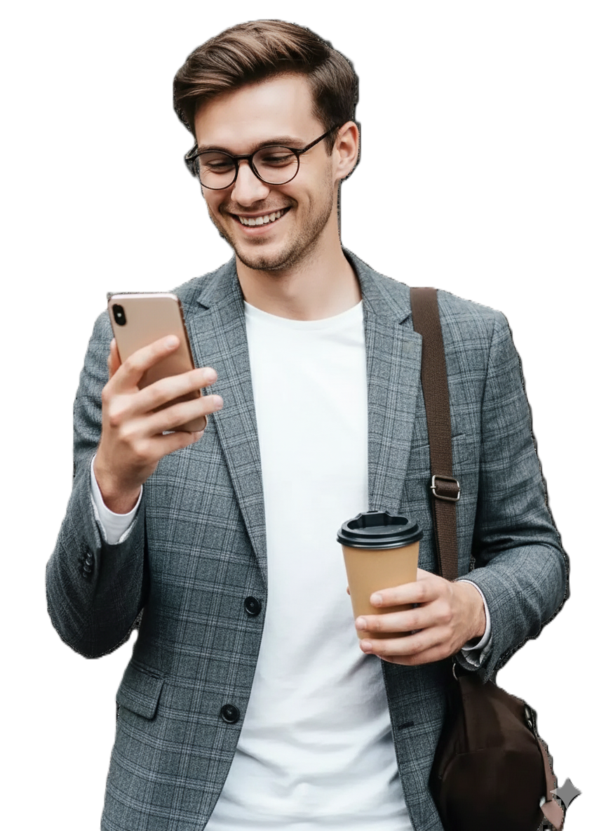 A young man using his mobile to sign up with GlobleTradeX - a global online trading broker